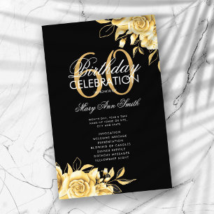 Floral 60th Birthday Program Gold & Black w/ Menu