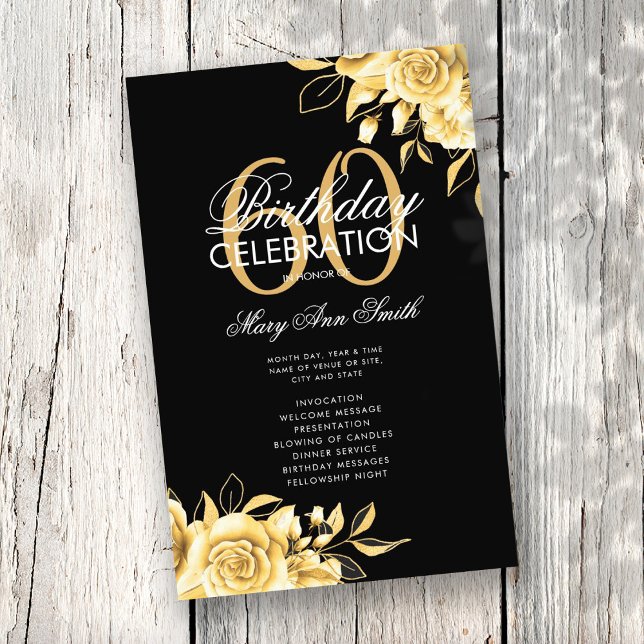 Floral 60th Birthday Program Gold & Black w/ Menu (Creator Uploaded)