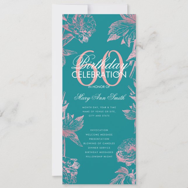 Floral 60th Birthday Program Rose Gold Teal Menu Invitation (Front)
