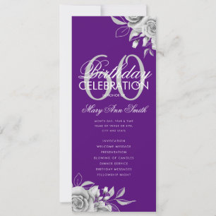 Floral 60th Birthday Program Silver Purple w/ Menu Invitation