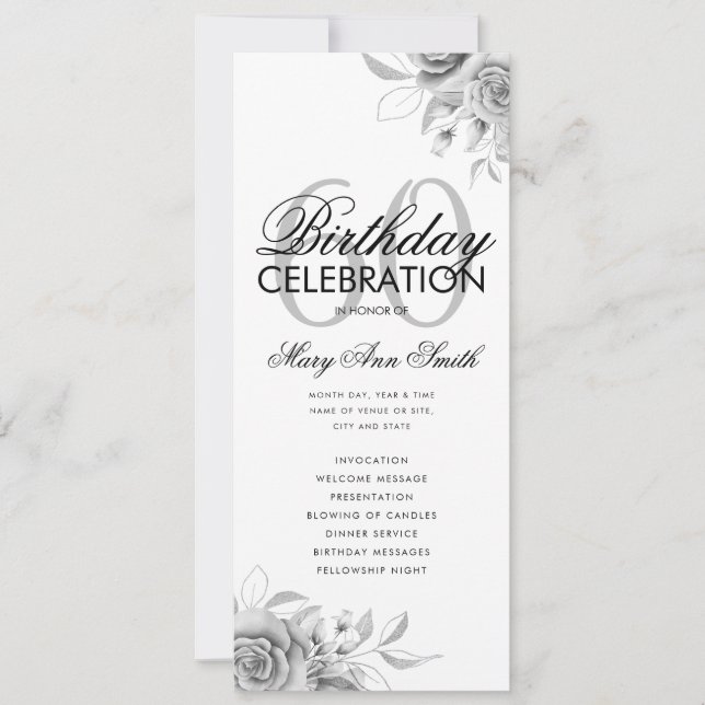 Floral 60th Birthday Program Silver w/ Menu Invitation (Front)
