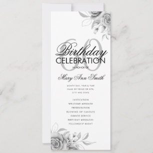 Floral 60th Birthday Program Silver w/ Menu Invitation