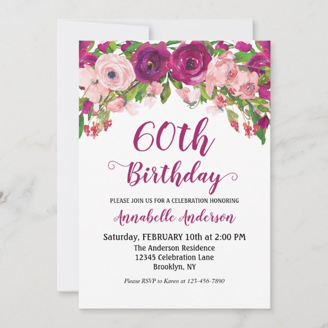 Floral 60th Birthday Purple Pink Watercolor Modern Invitation (Front)