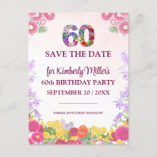Floral 60th Birthday Save The Date - Elegant 60 Announcement Postcard