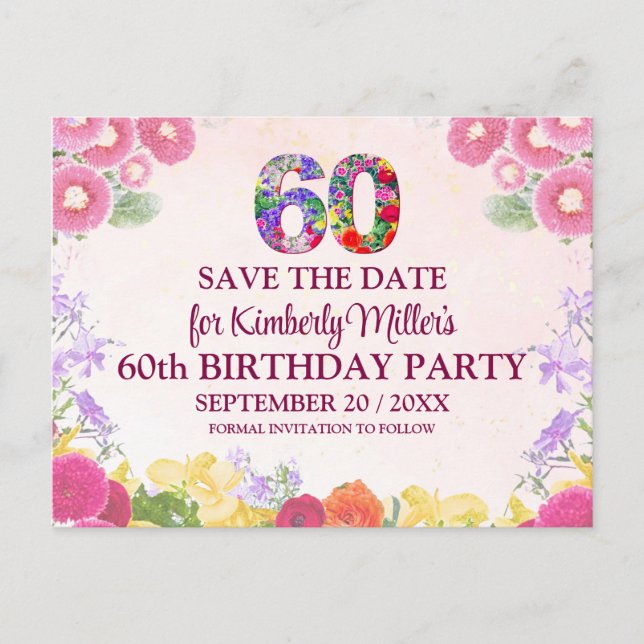  Floral 60th Birthday Save The Date - Pastel 60 Announcement Postcard (Front)