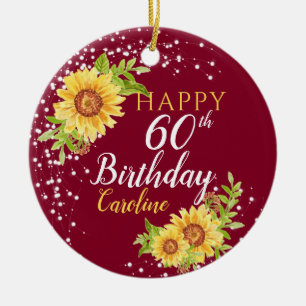 Floral 60th Birthday Sunflower Burgundy Ceramic Tree Decoration