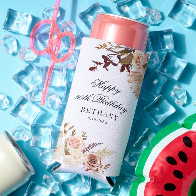 Floral 60th Birthday Surprise Party Seltzer Can Cooler (In Situ Summer)