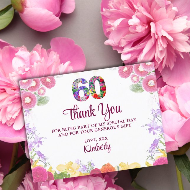 Floral 60th birthday thank you card 60 flower chic (Creator Uploaded)