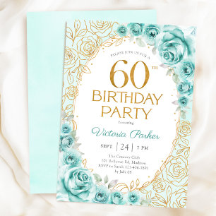 Floral 60th Birthday Turquoise Gold Invitation