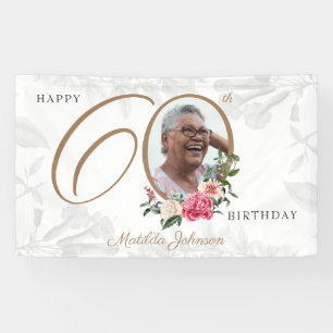 Floral 60th Birthday White Gold Chic Custom Photo Banner