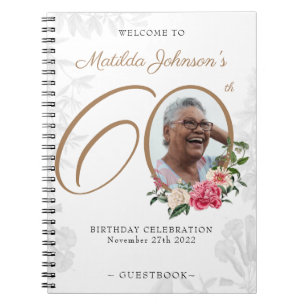 Floral 60th Birthday White Gold Photo Guestbook  Notebook