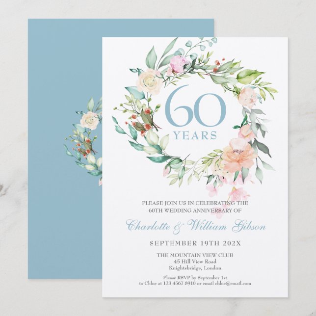 Floral 60th Diamond Wedding Anniversary Invitation (Front/Back)