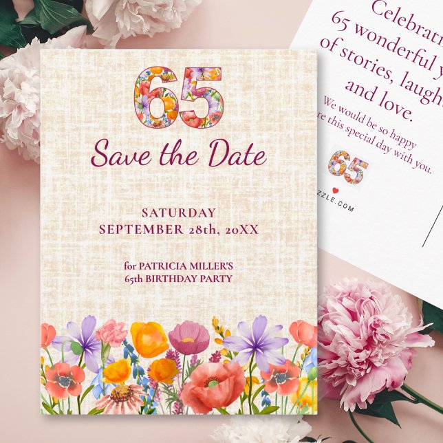 Floral 65th Birthday - 65 Elegant Save the Date Announcement Postcard (Creator Uploaded)