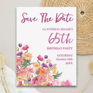 Floral 65th Birthday Save the Date - 65 Elegant Announcement Postcard