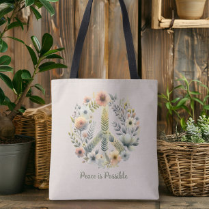 Floral 70s Retro "Peace is Possible" Peace Sign Tote Bag