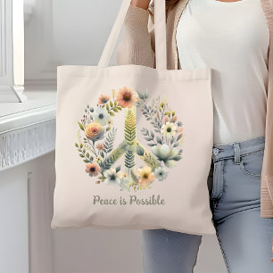 Floral 70s Retro "Peace & Love" Peace Sign Tote Bag