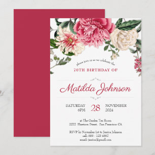 Floral 70th Birthday Botanical Elegant Pink Red Invitation