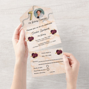 Floral 70th Birthday Celebration Gold Foil Balloon All In One Invitation