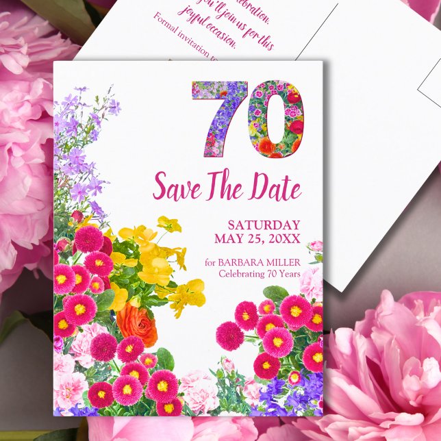 Floral 70th Birthday – Colourful Garden Design Announcement Postcard (Creator Uploaded)