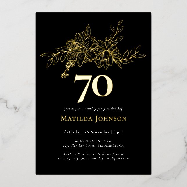 Floral 70th Birthday Gold Foil Invitation (Front)