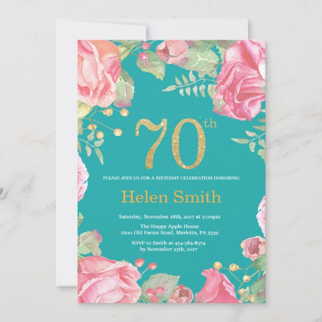 Floral 70th Birthday Gold Glitter and Teal Invitation (Front)