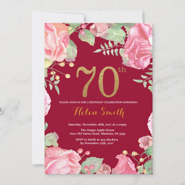 Floral 70th Birthday Gold Glitter Burgundy Red Invitation (Front)