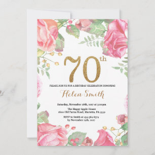 Floral 70th Birthday Invitation Gold Glitter