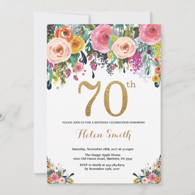 Floral 70th Birthday Invitation Gold Glitter (Front)