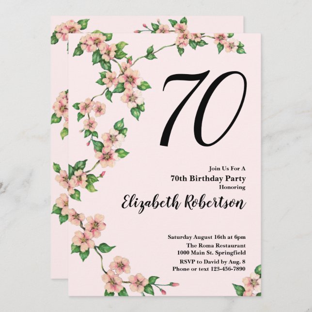 Floral 70th Birthday Invitation in Blush Pink (Front/Back)