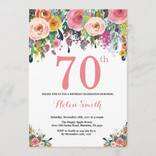 Floral 70th Birthday Invitation Pink