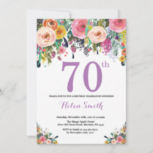 Floral 70th Birthday Invitation Purple