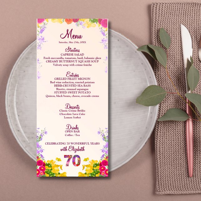 Floral 70th Birthday Menu Card elegant 70 years (Creator Uploaded)
