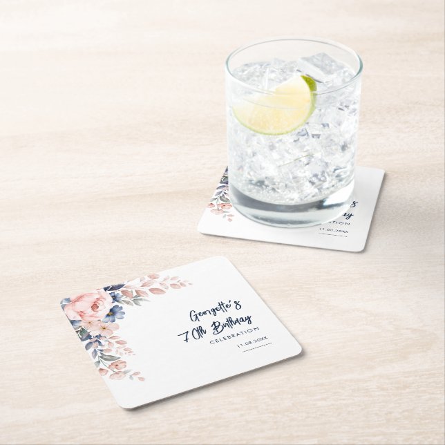Floral 70th Birthday Party Botanical Custom Square Paper Coaster (Insitu)