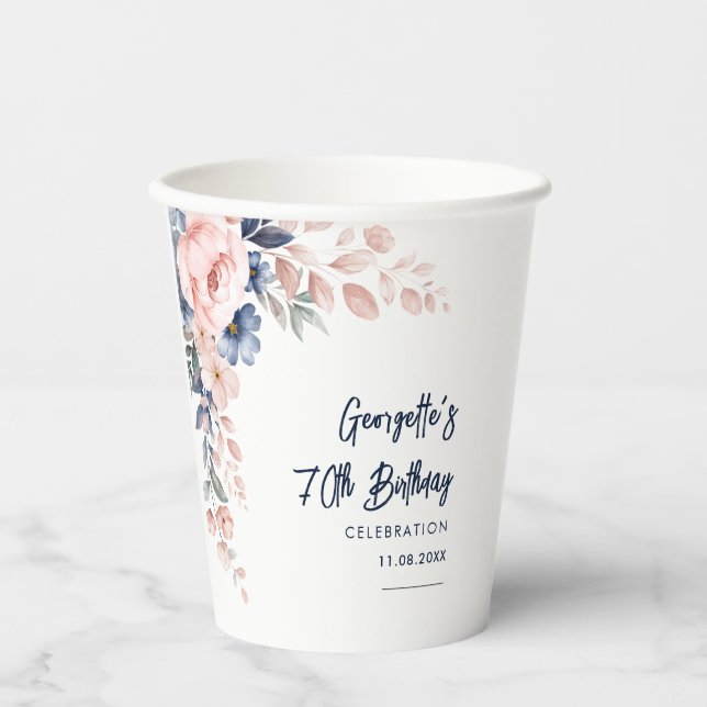 Floral 70th Birthday Party Botanical Script Paper Cups (Front)