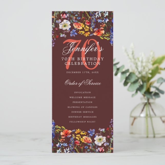 Floral 70th Birthday Party Program Menu Burgundy  Invitation (Standing Front)