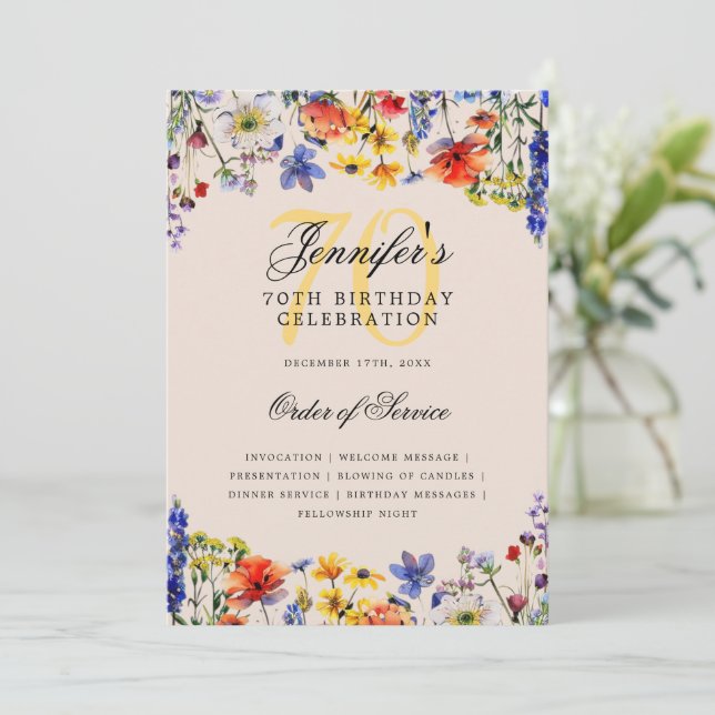 Floral 70th Birthday Party Program Menu Champagne Invitation (Standing Front)