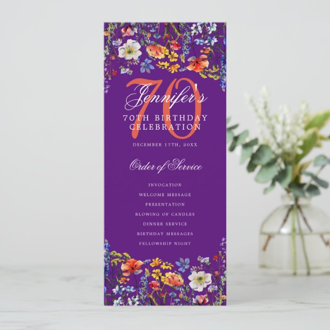 Floral 70th Birthday Party Program Menu Purple  Invitation (Standing Front)