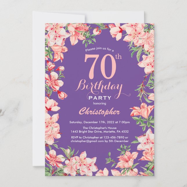 Floral 70th Birthday Pink Flowers Purple Violet Invitation (Front)