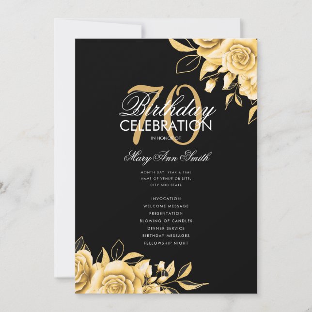 Floral 70th Birthday Program Gold & Black w/ Menu Invitation (Front)