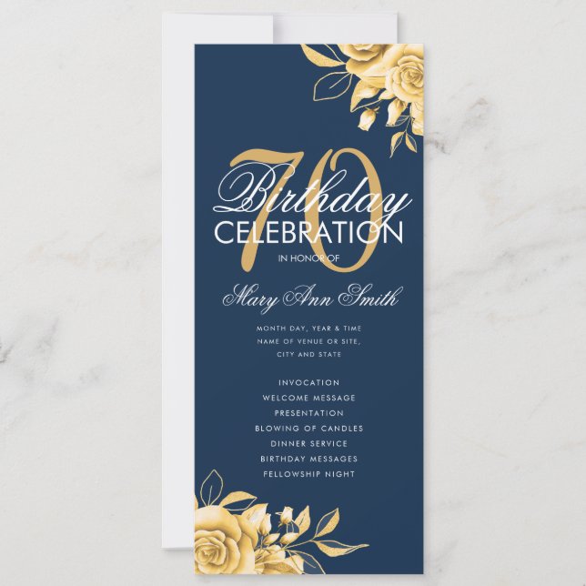 Floral 70th Birthday Program Gold & Navy w/ Menu Invitation (Front)
