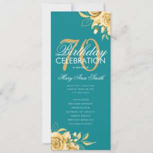 Floral 70th Birthday Program Gold & Teal w/ Menu Invitation