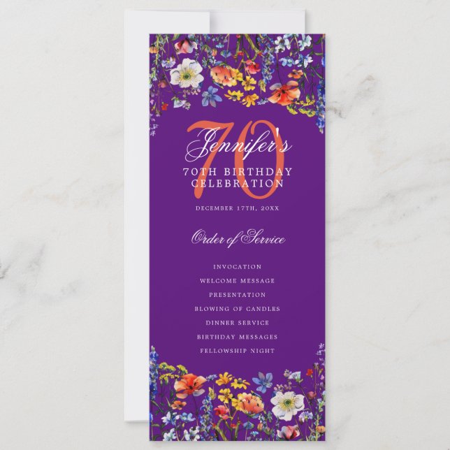 Floral 70th Birthday Program Menu Thank You Purple Invitation (Front)
