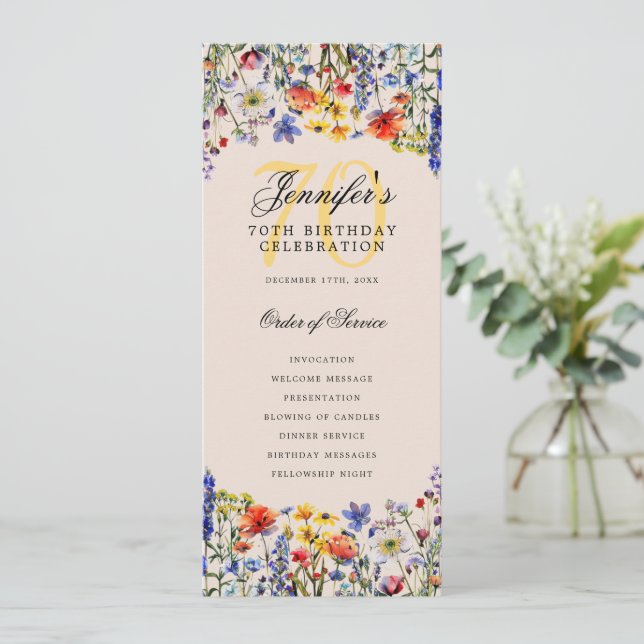 Floral 70th Birthday Program Menu Thanks Champagne Invitation (Standing Front)