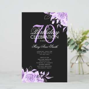 Floral 70th Birthday Program Purple Black w/ Menu