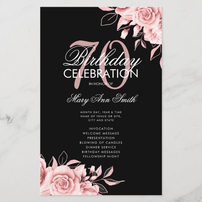 Floral 70th Birthday Program Rose Gold Black Menu (Front)