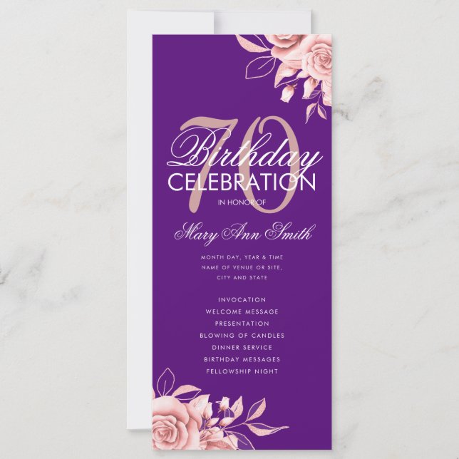 Floral 70th Birthday Program Rose Gold Purple Menu Invitation (Front)