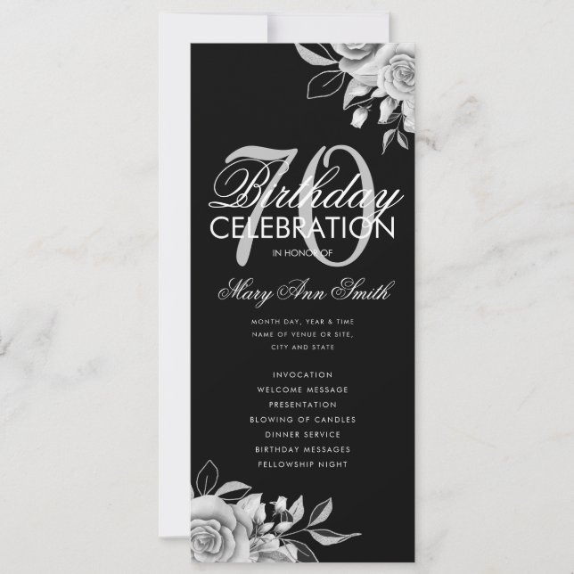 Floral 70th Birthday Program Silver Black w/ Menu Invitation (Front)