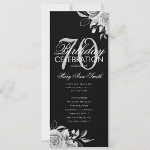 Floral 70th Birthday Program Silver Black w/ Menu Invitation