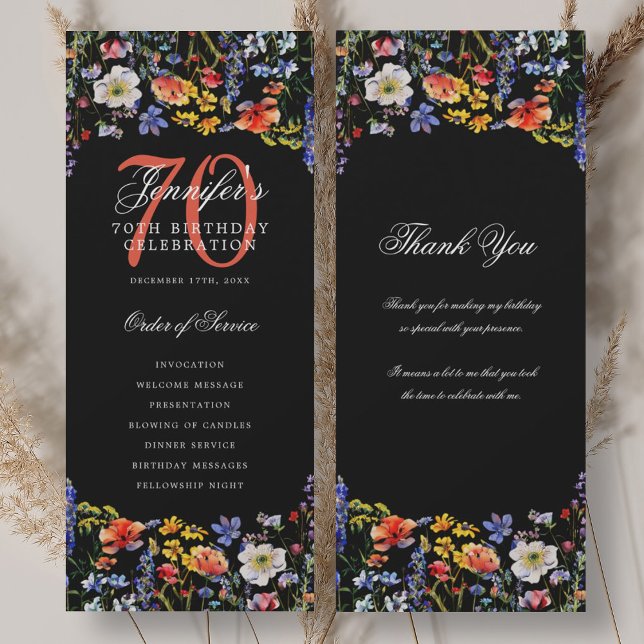 Floral 70th Birthday Program Thank You Black Invitation (Creator Uploaded)