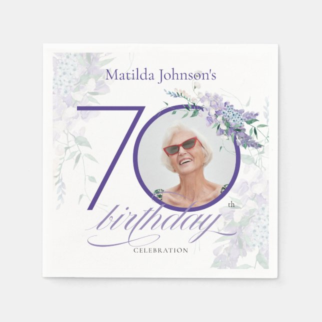 Floral 70th Birthday  Purple Wisteria Custom Photo Napkin (Front)